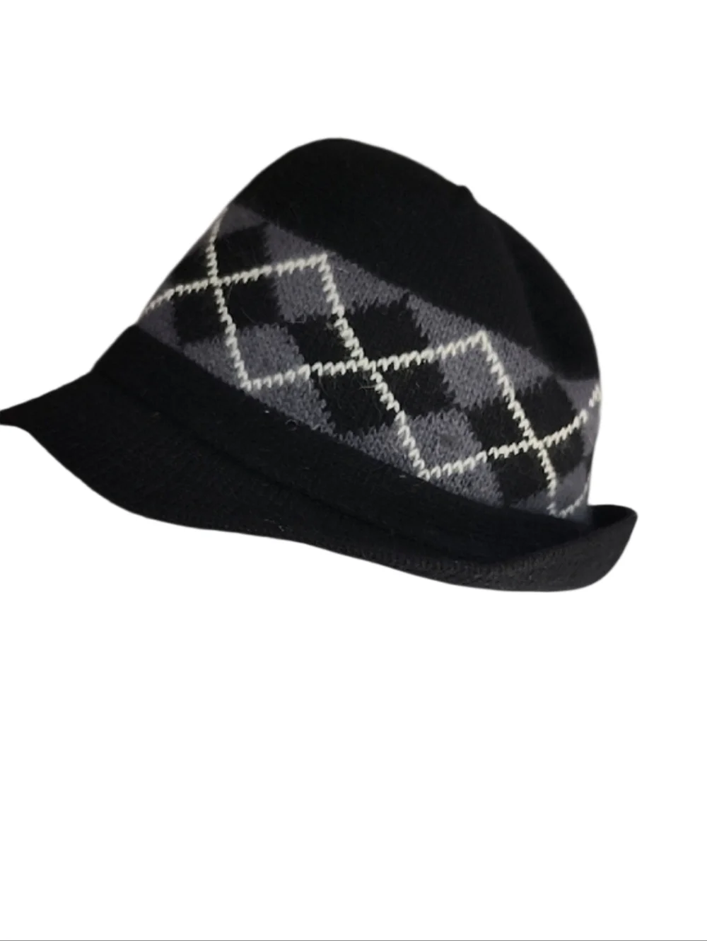 Fedora Cloche Bucket Hat Black And Grey Argyle Knit Wool/ Angora - Unbranded